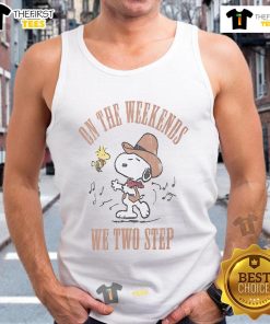 Alt Text: Cute tank top featuring Snoopy and Woodstock with 'On The Weekends We Two Step' text, perfect for casual outings.