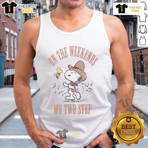 Alt Text: Cute tank top featuring Snoopy and Woodstock with 'On The Weekends We Two Step' text, perfect for casual outings.