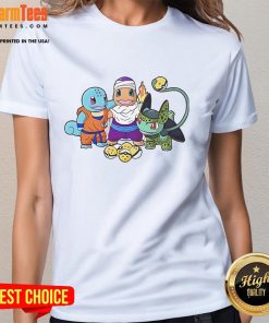 Colorful ladies tee featuring Squirtle, Goku, Charmander, Piccolo, Bulbasaur, and Cell from Dragon Ball and Pokemon.