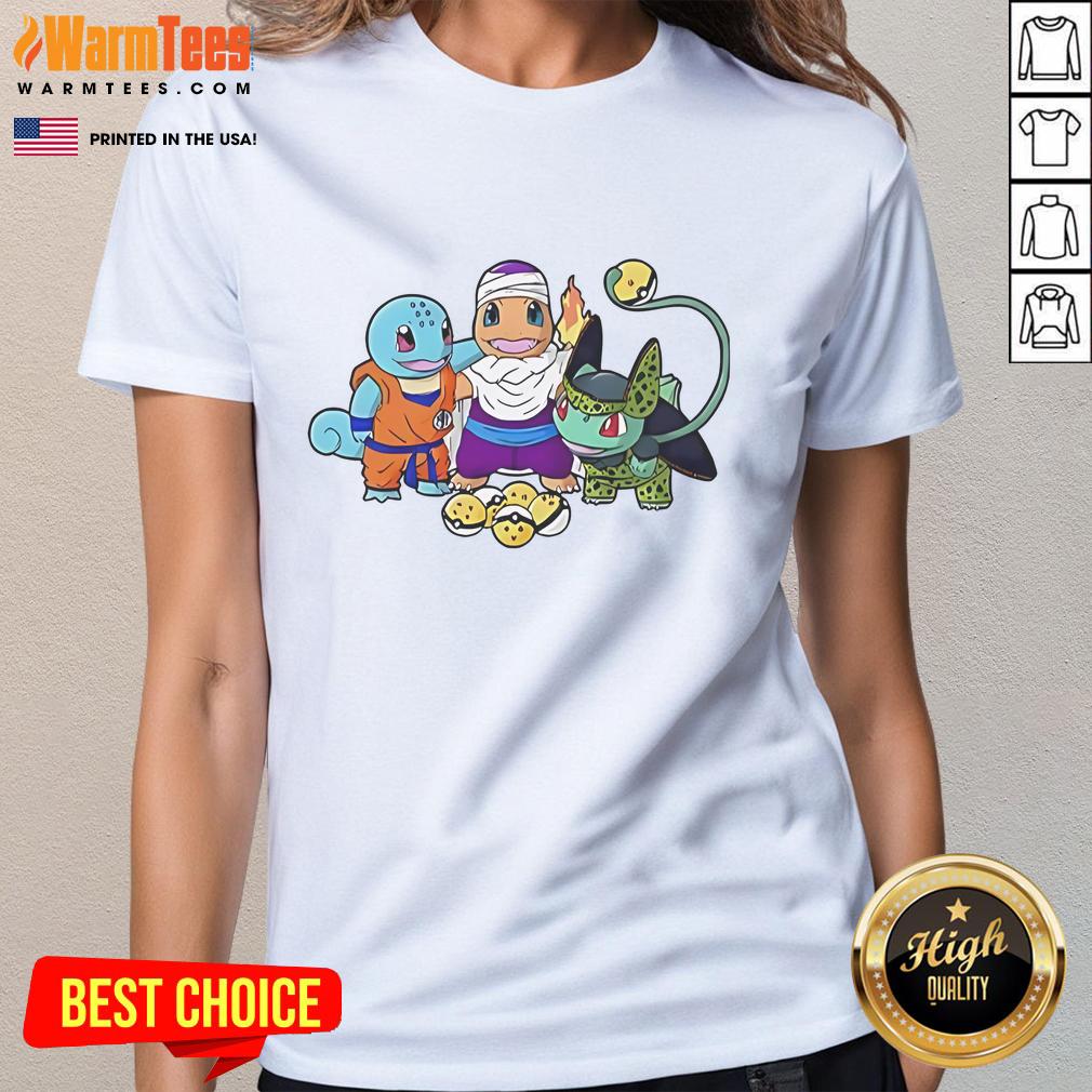 Nice Squirtle Goku Charmander Piccolo Bulbasaur Cell Dragon Ball Pokémon Ladies-Tee Colorful ladies tee featuring Squirtle, Goku, Charmander, Piccolo, Bulbasaur, and Cell from Dragon Ball and Pokemon.