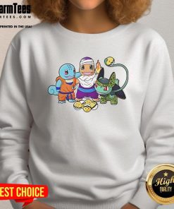 Colorful sweatshirt featuring Squirtle, Goku, Charmander, Piccolo, Bulbasaur, and Cell from Dragon Ball and Pokmon.