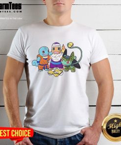 Colorful T-shirt featuring Squirtle, Goku, Charmander, Piccolo, Bulbasaur, and Cell from Dragon Ball and Pokmon.