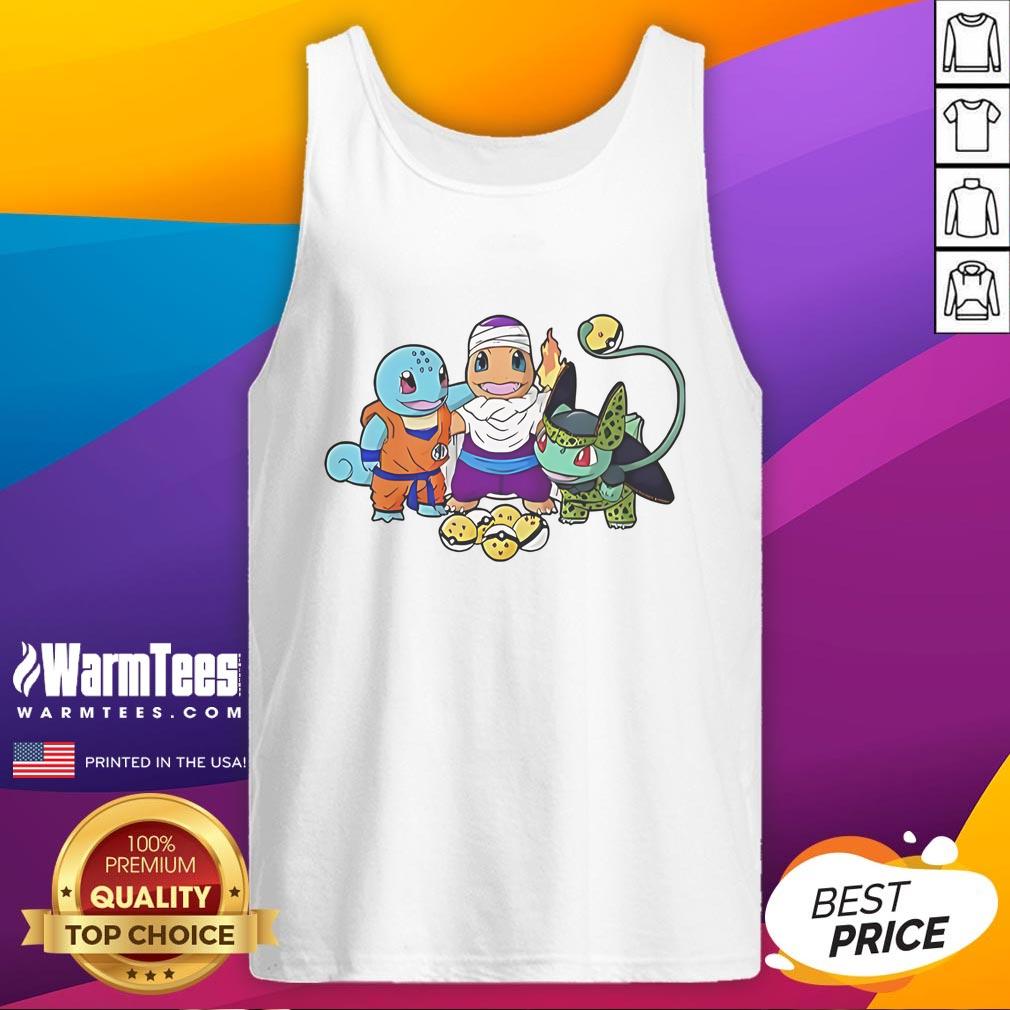 Nice Squirtle Goku Charmander Piccolo Bulbasaur Cell Dragon Ball Pokémon Tank Top Colorful tank top featuring Squirtle, Goku, Charmander, Piccolo, Bulbasaur, and Cell from Dragon Ball and Pokmon.