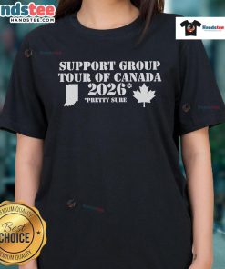 Nice Support Group Tour of Canada 2026 featuring a stylish Maple Leaf ladies tee design in vibrant colors.