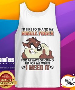 Funny tank top featuring 'Thanks to my middle finger for always sticking up for me' design, perfect for casual wear.