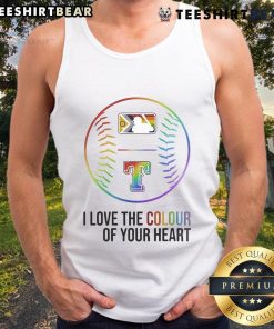 Alt Text: Pride Month 2025 tank top featuring Texas Rangers design and heart graphic, celebrating love and inclusivity.