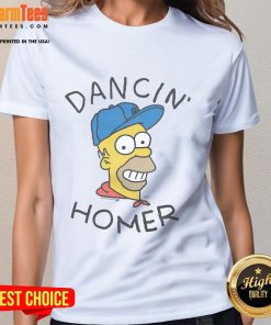 Alt Text: Dancing Homer Simpson graphic on a ladies tee, celebrating The Simpsons with a fun and stylish design.