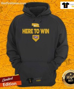 Official 2025 Here To Win LSU Baseball Hoodie in purple and gold, showcasing team spirit and style for fans.