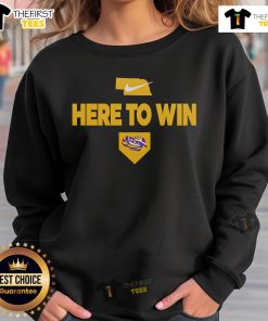 Alt Text: Official 2025 Here To Win LSU Baseball Sweatshirt in purple with bold logo, perfect for fans and team spirit.