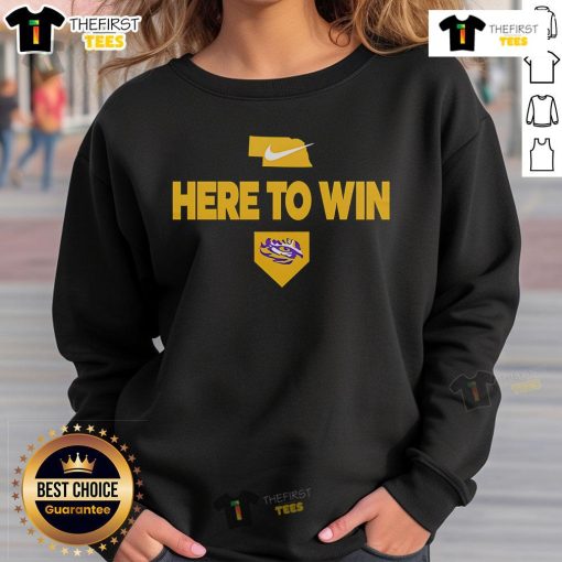 Alt Text: Official 2025 Here To Win LSU Baseball Sweatshirt in purple with bold logo, perfect for fans and team spirit.