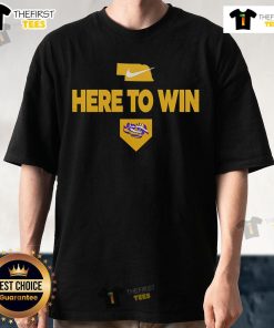 Alt Text: Official 2025 Here To Win LSU Baseball T-Shirt featuring bold graphics and team colors for fans and players.