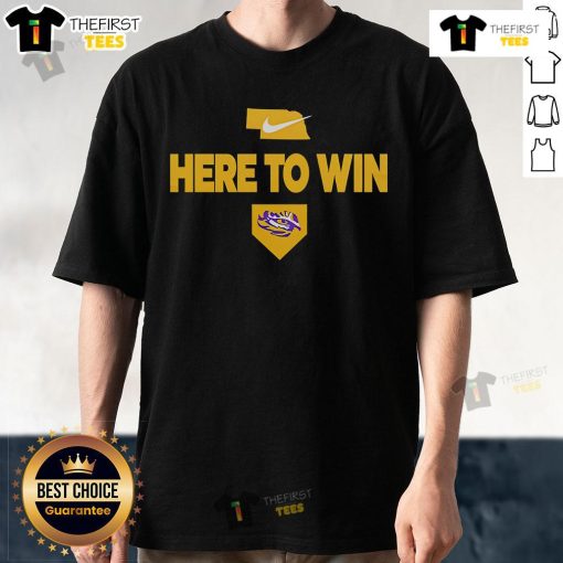 Alt Text: Official 2025 Here To Win LSU Baseball T-Shirt featuring bold graphics and team colors for fans and players.