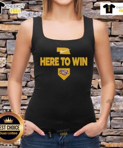Official 2025 Here To Win LSU Baseball tank top featuring vibrant team colors and logo, perfect for fans and athletes.
