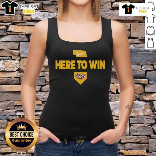 Official 2025 Here To Win LSU Baseball tank top featuring vibrant team colors and logo, perfect for fans and athletes.