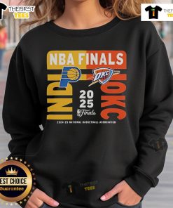 Official 2025 NBA Finals matchup sweatshirt featuring Indiana Pacers vs. OKC Thunder design for fans.