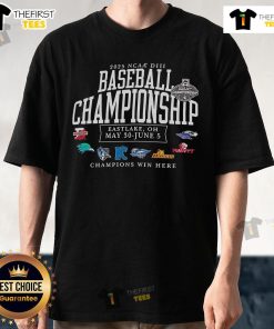 Alt Text: Official 2025 NCAA DIII Baseball Championship Champions Win Here logo on a stylish t-shirt design.