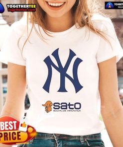 2025 New York Yankees Sato Healthcare Innovation Day ladies tee showcasing team colors and logo design.