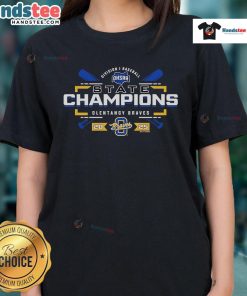 Alt Text: Official 2025 OHSAA Baseball D1 State Champions Olentangy Braves ladies tee featuring team logo and championship details.