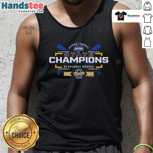 Alt Text: Official 2025 OHSAA Baseball D1 State Champions Olentangy Braves tank top, featuring team logo and championship details.