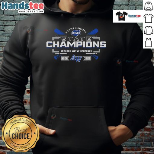2025 OHSAA Baseball D2 State Champions hoodie for Anthony Wayne Generals, showcasing team pride and victory.
