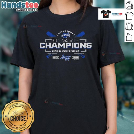 Alt Text: Official 2025 OHSAA Baseball D2 State Champions Anthony Wayne Generals Ladies Tee showcasing team pride and victory.