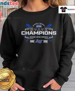 Official 2025 OHSAA Baseball D2 State Champions Anthony Wayne Generals sweatshirt featuring team logo and colors.