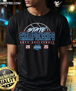 Alt Text: Official 2025 OHSAA Boys Volleyball State Championships T-Shirt featuring event logo and vibrant design.