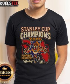 Official 2025 Stanley Cup Championship Florida Panthers T-Shirt, Est 1993, featuring team logo and championship details.