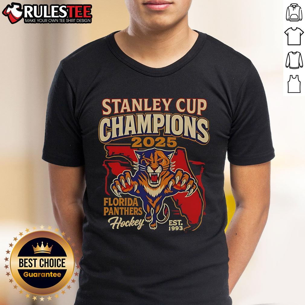 Official 2025 Stanley Cup Championship Florida Panthers Est 1993 T Shirt Official 2025 Stanley Cup Championship Florida Panthers T-Shirt, Est 1993, featuring team logo and championship details.