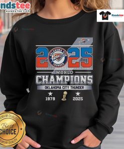 Official 2025 World Champions Oklahoma City Thunder sweatshirt featuring team colors and logo, perfect for fans.