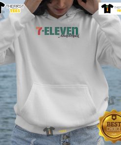 Alt Text: Official 7-Eleven Always Open Logo Hoodie in vibrant colors, perfect for casual wear and brand enthusiasts.