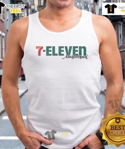 Alt Text: Official 7-Eleven Always Open logo printed on a stylish tank top for casual wear and brand enthusiasts.