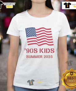 Official 90s Kids Summer 2025 Ladies Tee featuring retro graphics and vibrant colors for nostalgic summer style.
