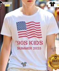 Alt Text: Official 90s Kids Summer 2025 T-Shirt featuring vibrant retro graphics and bold colors, perfect for nostalgic fashion.
