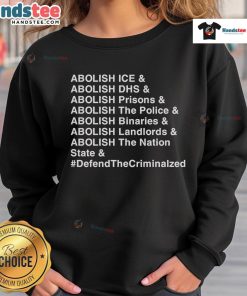 Official Abolish ICE Abolish DHS And Abolish Prisons sweatshirt featuring bold text and a trendy design.