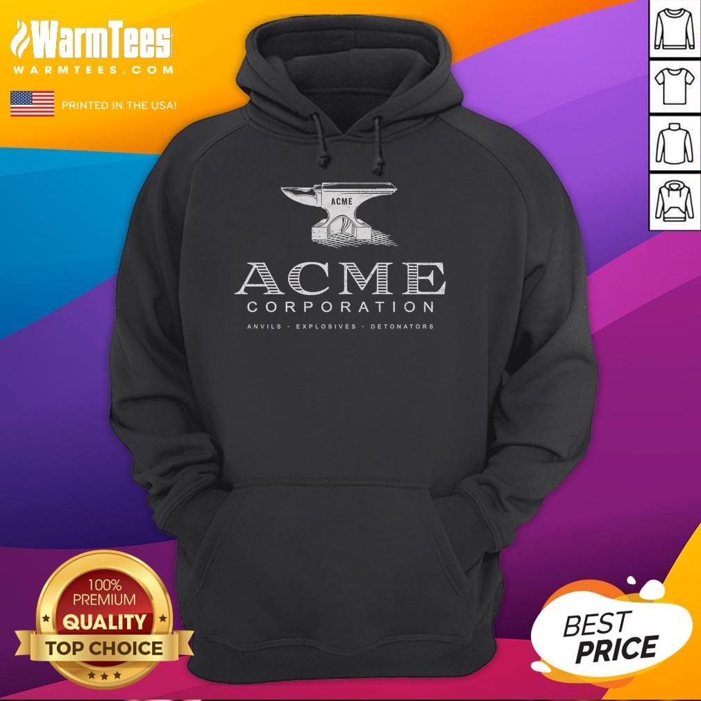 Official Acme Corporation Anvils Explosives Detonators Hoodie Official ACME Corporation hoodie featuring anvils, explosives, and detonators design for fans of classic cartoons.