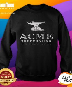 Official ACME Corporation sweatshirt featuring anvils, explosives, and detonators design, perfect for fans and collectors.