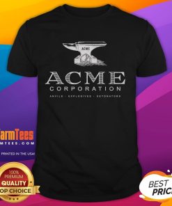 Official Acme Corporation T-Shirt featuring anvils, explosives, and detonators design for fans of classic cartoons.