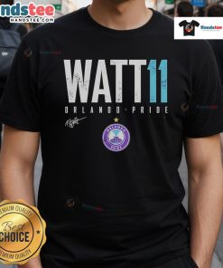 Official Ally Watt Orlando Pride Elite 11 T-Shirt featuring vibrant team colors and player graphics, perfect for fans.