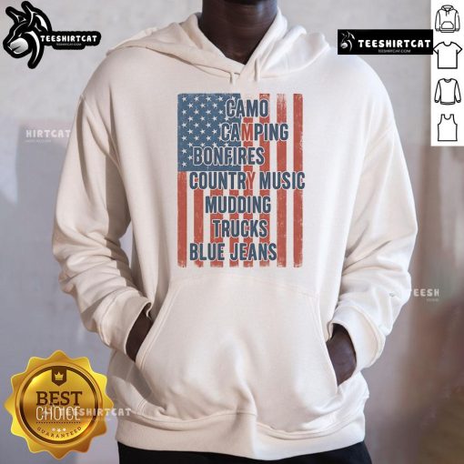 Patriotic USA flag camo hoodie for camping and bonfires, perfect for country music lovers and outdoor enthusiasts.