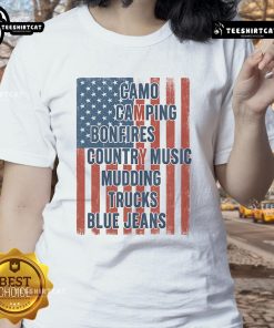 Official American Life patriotic USA flag camo tee for ladies, perfect for camping, bonfires, and country music events.