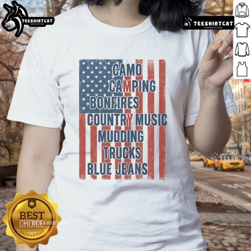 Official American Life patriotic USA flag camo tee for ladies, perfect for camping, bonfires, and country music events.