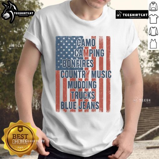 Alt Text: Official American Life T-Shirt featuring a patriotic USA flag camo design, perfect for camping and bonfires.