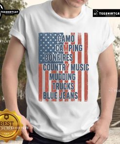 Alt Text: Official American Life T-Shirt featuring a patriotic USA flag camo design, perfect for camping and bonfires.