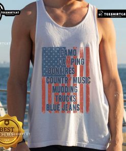 Official American Life patriotic USA flag camo tank top perfect for camping, bonfires, and country music events.