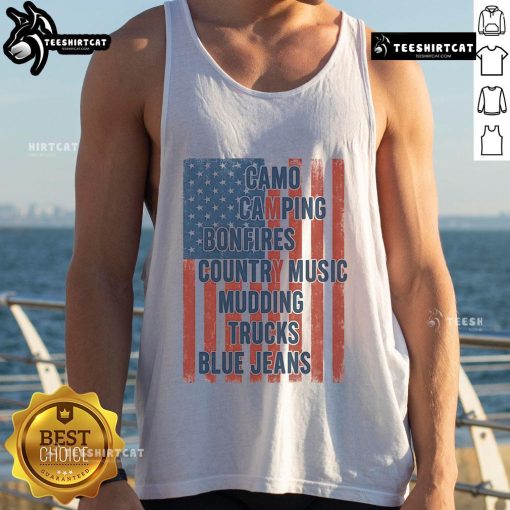 Official American Life patriotic USA flag camo tank top perfect for camping, bonfires, and country music events.
