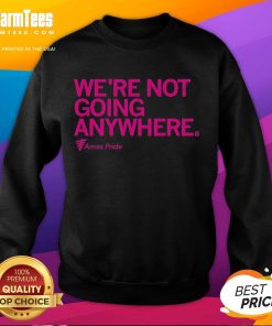 Alt Text: Official Ames Pride 'We're Not Going Anywhere' sweatshirt in vibrant rainbow colors, promoting LGBTQ+ pride and support.