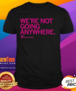 Alt Text: Official Ames Pride We're Not Going Anywhere T-Shirt featuring a vibrant rainbow design, celebrating LGBTQ+ pride.