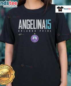 Alt Text: Official Angelina Orlando Pride Elite 15 Ladies Tee featuring vibrant colors and stylish design for pride celebrations.