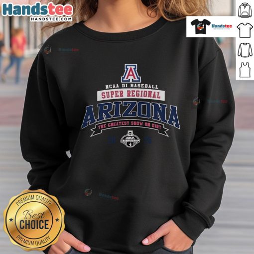 Arizona Wildcats 2025 NCAA Division I Baseball Super Regional Champions sweatshirt featuring team colors and logo.
